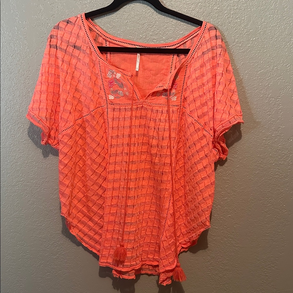 Free People Coral Embroidered Top